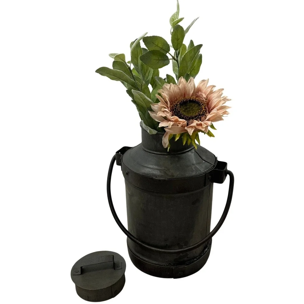Vintage Rustic Metal Milk Can with Lid Dark Charcoal Farmhouse Decor 13in